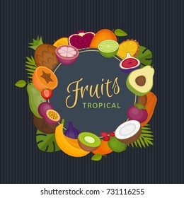 Tropical fruits frame. Healthy food. Organic food. Flat style, vector illustration.