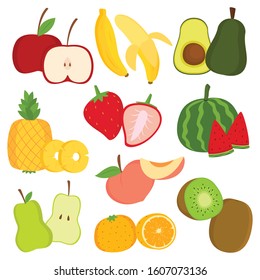 Tropical fruits and fruit slices vector collection, isolated in white background .