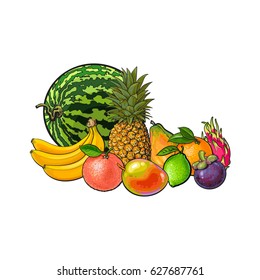 Tropical fruits - grapefruit orange lemon watermelon mango dragon fruit pineapple papaya banana mangosteen, sketch vector illustration on white background. Hand drawn set of tropical fruits - Shutterstock ID 627687761