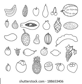 Tropical fruits. Hand drawn collection, vector illustration. Isolated on a white background.