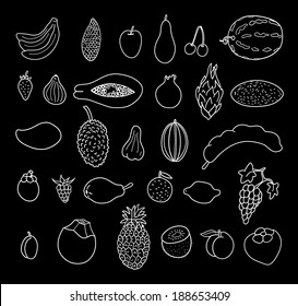 Tropical fruits. Hand drawn collection, vector illustration. Isolated on a  black background.