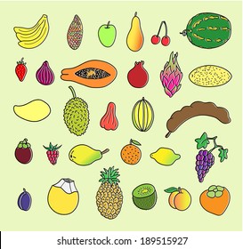 Tropical fruits. Hand drawn collection, vector illustration. Isolated.