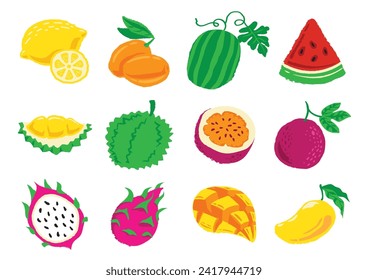 tropical fruits hand drawn illustration with colorful fruits, leaf branch and meat.