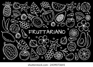 Frutas tropicales. Diseño de tarjeta horizontal con lugar para su texto. Blanco sobre fondo negro