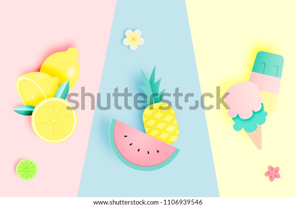 紙のアートスタイルとパステルの配色の背景に熱帯の果物とアイスクリームベクターイラスト のベクター画像素材 ロイヤリティフリー
