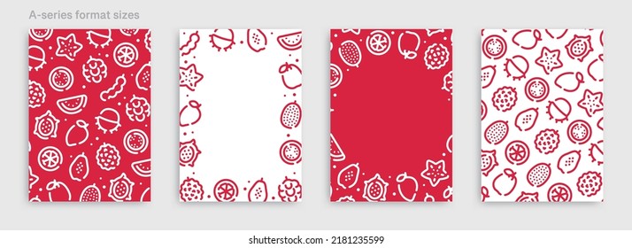 Fondo de patrón de icono de frutos tropicales para diseño gráfico.Conjunto de plantillas vectoriales verticales de tamaño A.