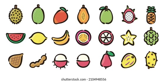 Tropical fruits icon set for graphic (Hand draw color version)