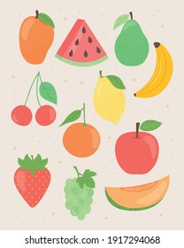 tropical fruits icon set over white background, flat style, vector illustration
