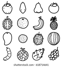 tropical fruits, icons set / cartoon vector and illustration, hand drawn style, black and white, isolated on white background.