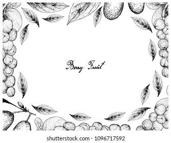 Tropical Fruits, Illustration Frame of Hand Drawn Sketch Fresh Seagrape, Baygrape or Coccoloba Uvifera and Cornelian Cherries or Cornus Mas Fruits Isolated on White Background.