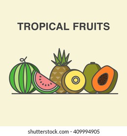 Tropical fruits illustration with pineapple, coconut, passion fruit and lichee.