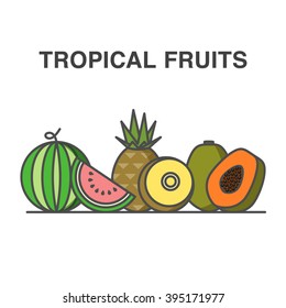 Tropical fruits illustration with pineapple, watermelon and papaya.