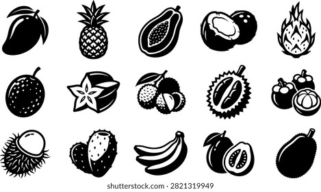 Tropical Fruits Including Mango, Pineapple, Papaya, Dragon Fruit, Lychee, Starfruit, Longan, Durian, Passion Fruit, Rambutan, Bana