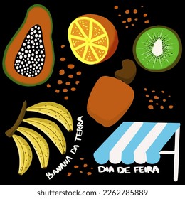 Tropical Fruits isolated illustrations. Banana, kiwi, papaya, cashew, orange, market day. Summer vibes