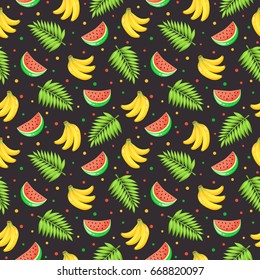 Tropical  fruits isolated on dark background. Tiled summer pattern from watermelon, bananas and palm leaves. Fresh tropical fruits seamless background. 