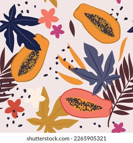Tropical fruits and leaves form a seamless pattern. Sweet papaya. Cute exotic plumeria flowers with palm leaves. Vector.