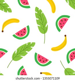 Tropical fruits and leaves seamless pattern. Summer background with watermelon slices and banana. Modern template for print, banner. Vector illustration