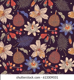 Tropical fruits and leaves seamless pattern