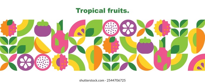 Frutas tropicais, folhas e fatias.Design geométrico abstrato.Conjunto de ícones vetoriais em estilo plano simples.Borda sem emenda.Elementos isolados em um fundo branco.Lichia, manga, mangostão, fruta dragão.