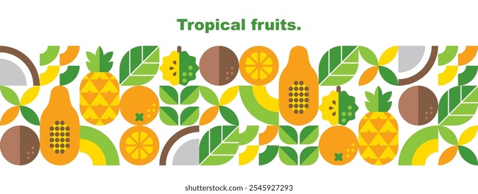 Frutas tropicais, folhas e fatias.Design geométrico abstrato.Conjunto de ícones vetoriais em estilo plano simples.Borda sem emenda.Elementos isolados em um fundo branco.Abacaxi, coco, mamão e laranja.
