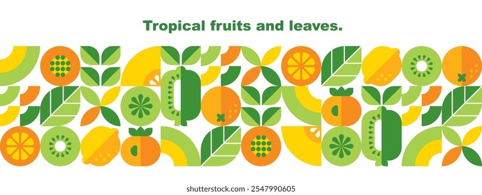 Frutas tropicais, folhas e fatias.Design geométrico abstrato.Conjunto de ícones vetoriais em estilo simples plano.Borda sem emenda.Elementos isolados em um fundo branco.Kiwi, limão, mamão, laranja, caquis.