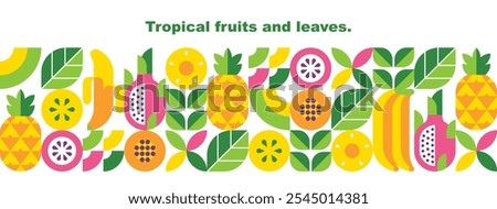 Tropical fruits, leaves and slices.Abstract geometric design.Set of vector icons in simple flat style.Seamless border.Elements isolated on a white background.Pineapple, banana, papaya, dragon fruit.