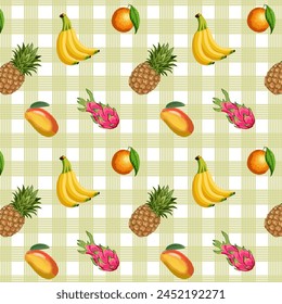 Tropical fruits on a checkered background.Vector seamless pattern with tropical fruits on a colored checkered background.