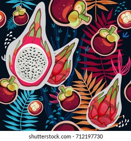 Tropical fruits on a dark background. Vector pattern