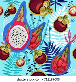 Tropical fruits on a light blue background. Vector pattern
