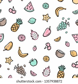 Tropical fruits on white background. Doodle vegetable food. Vector seamless pattern.