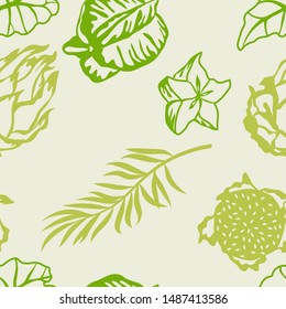 Tropical fruits on yellow background. Exotic seamless background. pitahaya, Carambola.