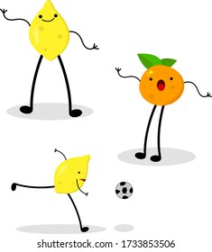 Tropical fruits orange and lemon on a white background food and sport concept