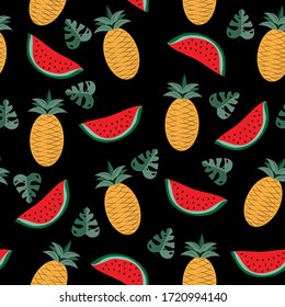 Tropical fruits, and palm leaf seamless pattern on black background.
Good for textile print, wallpaper and wrapping paper, summer gift design.