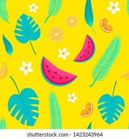 Tropical Fruits and palm Leafes Seamless Pattern, Summer Backgroundin Vector. Illustration of Watermelon, Oranges, Bannanas, Flowers and Leaves. Perfect for surface textures, textile, wallpapers.