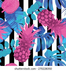 tropical fruits and palm leaves pattern, striped background