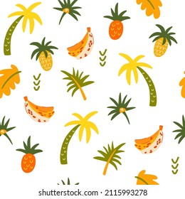 Frutos tropicales y palmeras sin fisuras. Palma, hojas, plátanos, piñas. Fondo de verano divertido dibujado a mano. Ideal para los folletos de decoración, los carteles, los papeles pintados y los productos impresos. Ilustración vectorial.