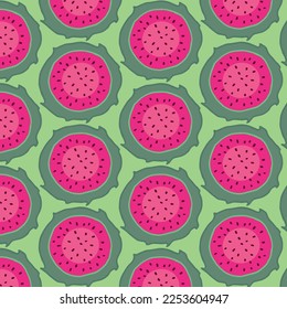Tropical fruits pattern. Dragon fruit. Fruit cut background. Decorative seamless pattern for wrapping paper, wallpaper, textile, greeting cards and invitations.