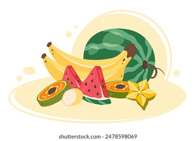 Tropical fruits in peel, half, slices. Fruit harvesting. Fresh Sweet exotic dessert of banana, watermelon, papaya, carambola. Ftuit clipart. Natural organic healthy food. Vector flat illustration