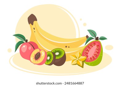 Tropical fruits in peel, half, slices. Fruit label. Fresh Sweet exotic dessert of banana, peach, kiwi, carambola. Ftuit clipart. Natural organic healthy food. Vector flat illustration for print, art