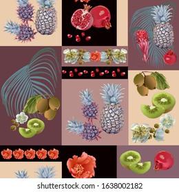 Tropical fruits pineapple, pomegranate, kiwi with flowers. Decorative composition in the style of patchwork. Bright picture. Seamless patterns. Use printed materials, signs, objects.