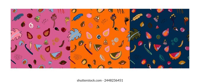 tropical fruits and plants hand drawn vector seamless pattern. Set of three patterns, orange, pink, blue background. Fine pattern
