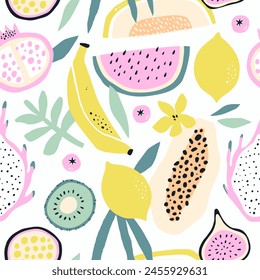 Frutas tropicales y plantas sin patrón en estilo dibujado a mano. Fondo para decoración de cocina, papel, cubierta, diseño textil.