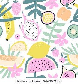 Frutas tropicales y plantas de patrón sin fisuras. Fondo para decoración de cocina, papel, cubierta, diseño textil.