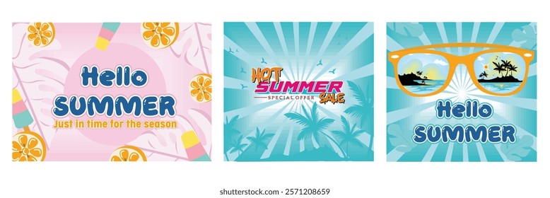 Tropical Fruits and Popsicle. Blue Themed Hot Summer Sale Promotion. The summer design features stylish glasses with tropical islands and sunset reflections. Set flat vector modern illustration 