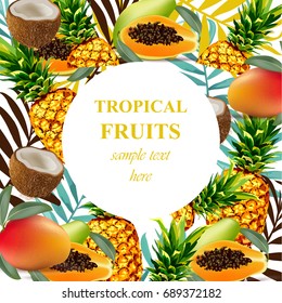 Tropical fruits round card Vector. Summerl template design with palm leaves and exotic flowers