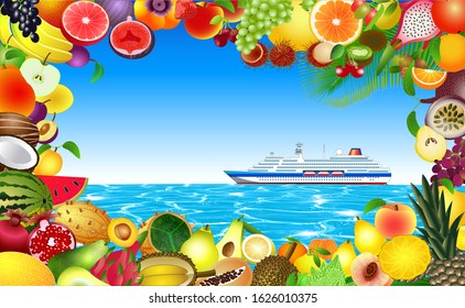 Tropical fruits at the sea and cruise liner background. Tourism poster, travel design. Color vector illustration
