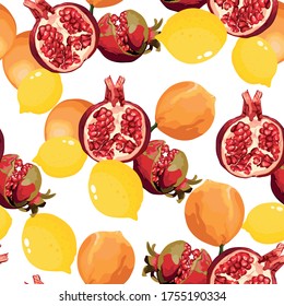 Tropical Fruits Seamless Background, Summer Pattern. Illustration of Oranges, Lemons, Pomegranates.