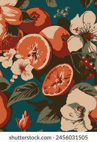 Tropical Fruits Seamless Background, Summer Pattern in Vector. Illustration of Oranges, Lemons, Pomegranates, Pineapple, Flowers and Leaves.