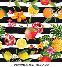 Tropical Fruits Seamless Background, Summer Pattern in Vector. Illustration of Oranges, Lemons, Pomegranates, Pineapple, Flowers and Leaves.
