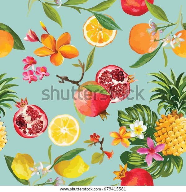 シームレスな背景に熱帯の果物 ベクター画像の夏のパターン オレンジ レモン ザクロ パイナップル 花 葉のイラスト のベクター画像素材 ロイヤリティ フリー